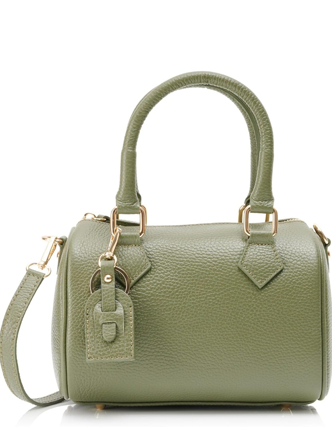 Bolso bowling de piel verde para mujer, fabricado en cuero auténtico con detalles metálicos dorados.