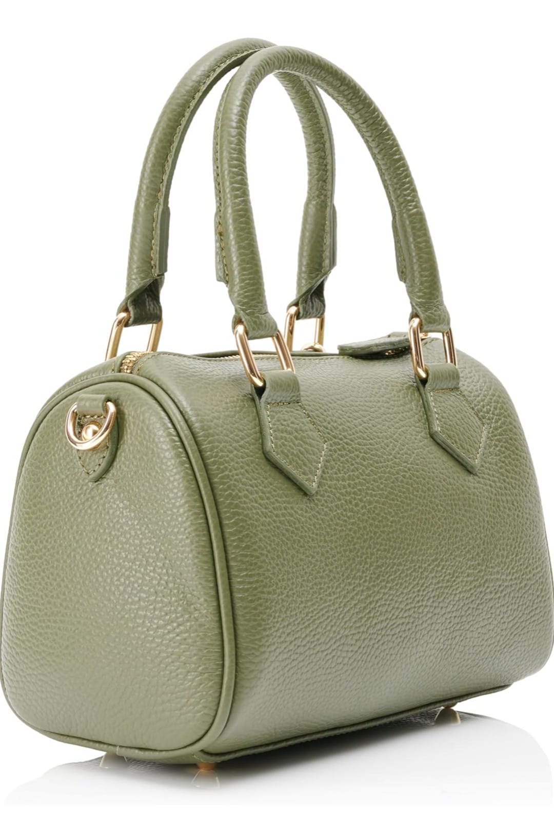 Bolso bowling de piel verde para mujer, en cuero auténtico con detalles dorados. Asas resistentes y diseño elegante. Compra bolsos de piel online.