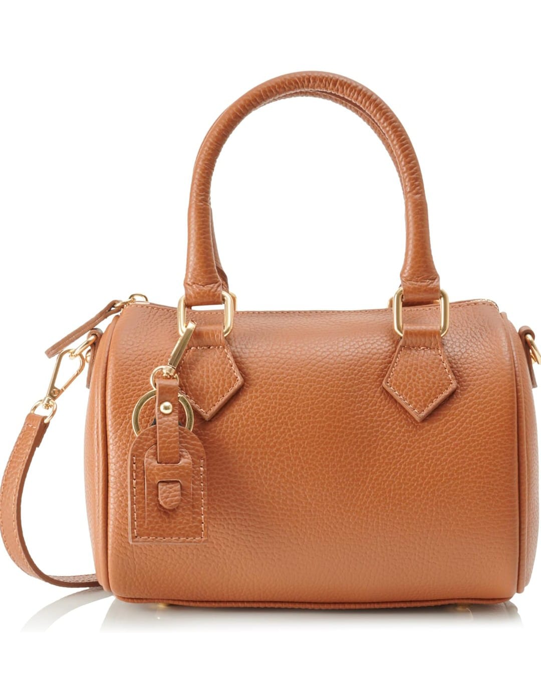 Bolso bowling de piel marron para mujer, en cuero auténtico con detalles dorados. Asas resistentes. Compra bolsos de piel online