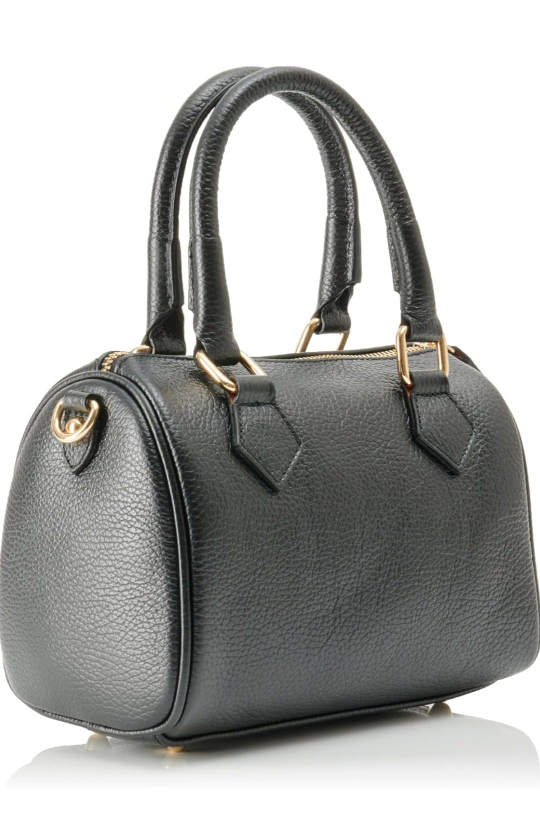 Bolso bowling de piel negra para mujer, en cuero auténtico con detalles dorados. Asas resistentes y diseño elegante. Compra bolsos de piel online