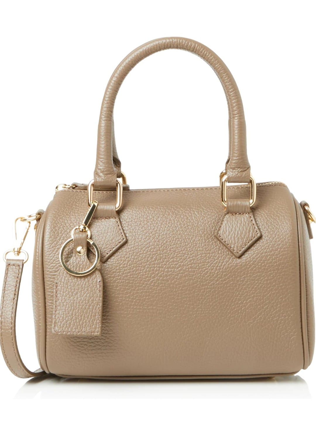 Bolso bowling de piel beige para mujer, en cuero auténtico con detalles dorados. Asas resistentes y diseño sofisticado. Compra bolsos de piel online