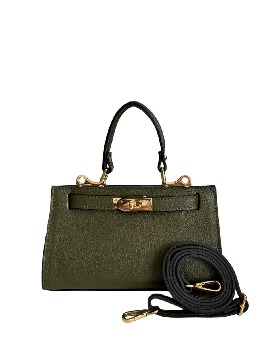 Bolso de cuero verde oliva con herrajes dorados y estructura rígida. Diseño moderno y distinguido.