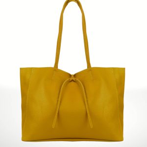 Bolso shopper de cuero amarillo para mujer, diseño elegante con cierre de cordón y asas largas. Compra bolsos de piel online