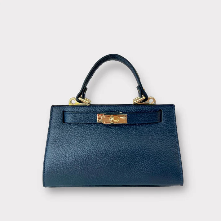 trasero bolso tote de piel azul marino, con correa extraible de cuero autentico. estilo new clasico. herrajes dorados
