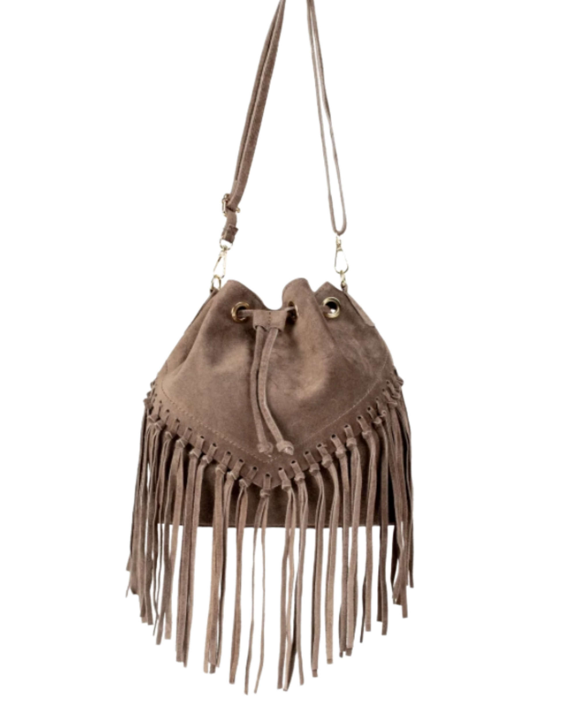 Bolso de ante beige tipo cubo con flecos, estilo bandolera. Diseño boho y versátil, perfecto para mujer. Compra online ahora
