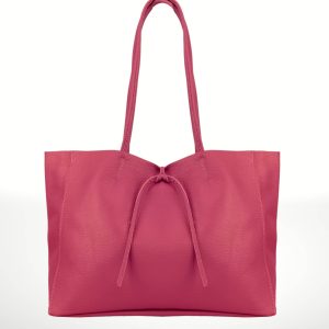 Bolso shopper de piel rosa, diseño sofisticado con cierre de cordón y asas largas. Compra bolso de piel.