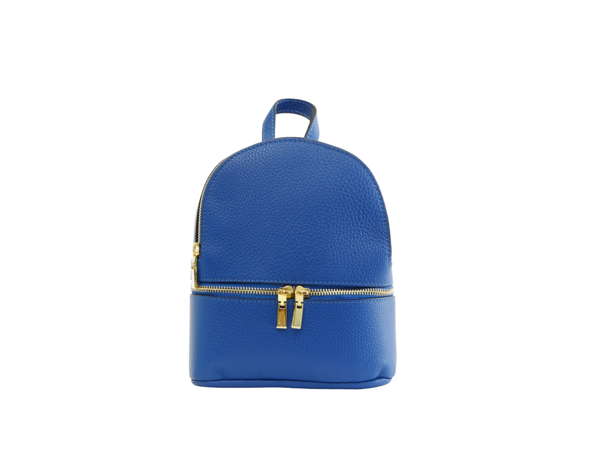 mochila de cuero mini azul unisex. cremallera en color dorado y correa ajustable