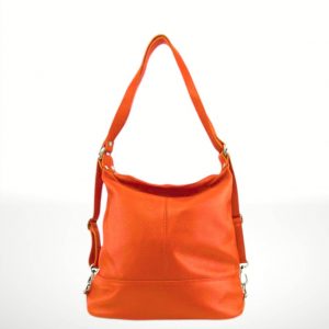 Bolso mochila de piel naranja para mujer, convertible en bandolera. Hecho con cuero auténtico de alta calidad. Compra bolsos de piel online.