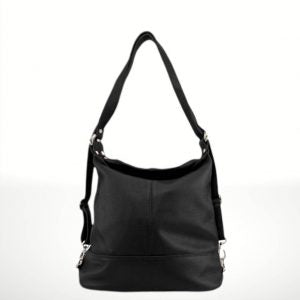 Bolso mochila de piel negro para mujer, convertible en bandolera. Hecho con cuero auténtico de alta calidad. Compra bolsos de piel online.