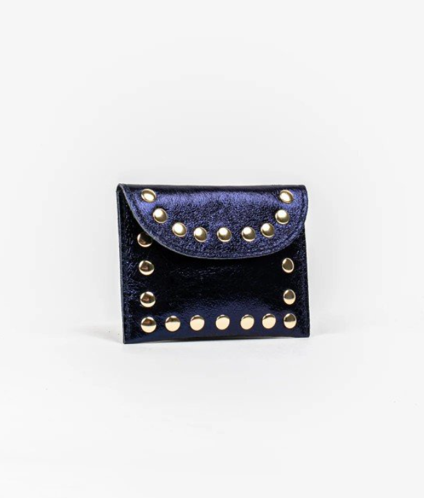 monedero de piel verdadera azul con tachuelas, estilo new rock. accesorios de piel baratos