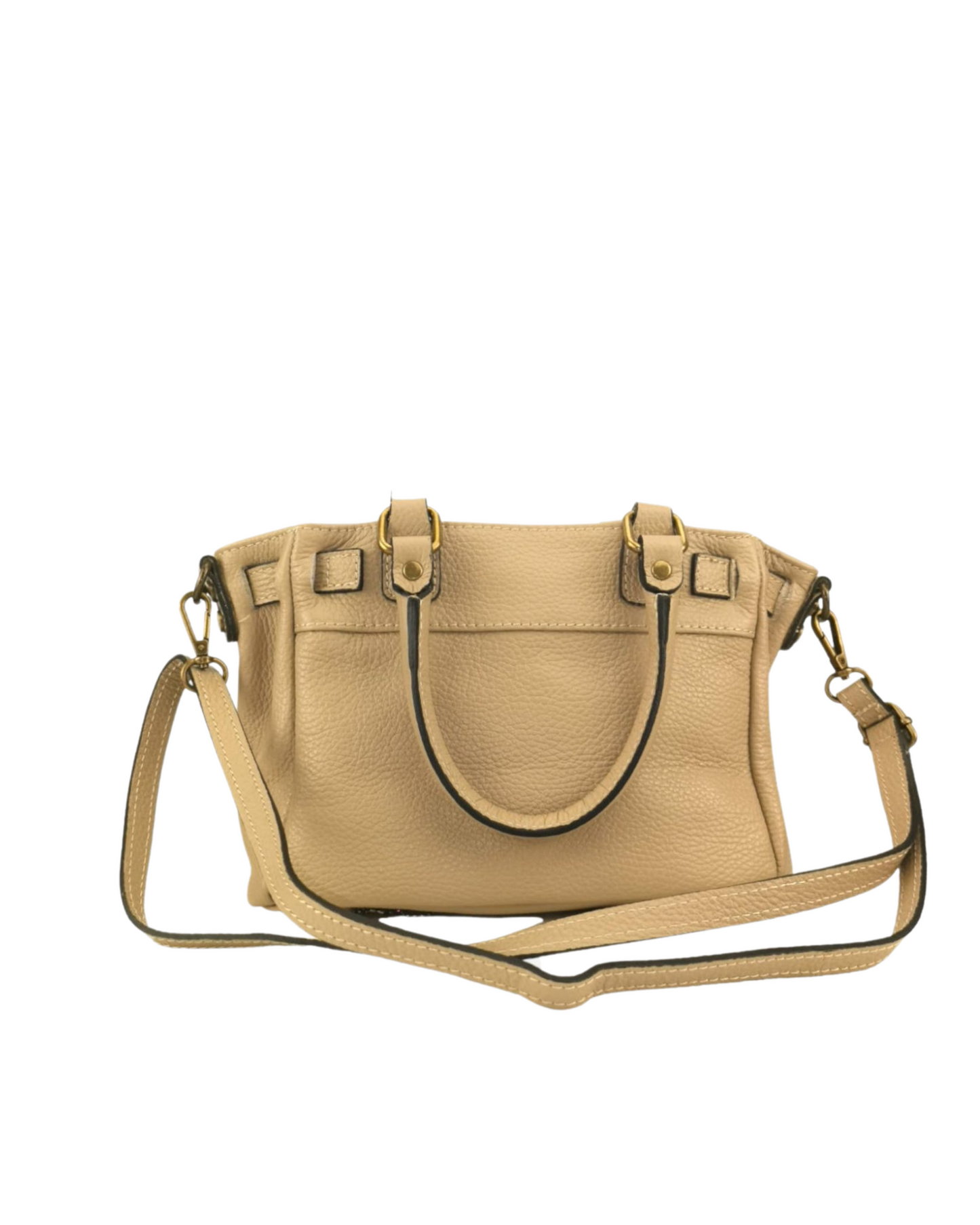 Bolso bandolera de piel beige con doble asa, correa ajustable y detalles metálicos dorados. Perfecto como bolso de hombro o mano para el día a día