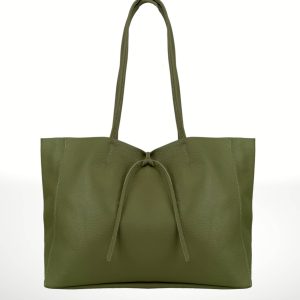 Bolso shopper de cuero verde para mujer, diseño elegante con cierre de cordón y asas largas. Compra bolsos de piel online