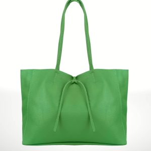 Bolso shopper de piel verde para mujer, diseño elegante con cierre de cordón y asas largas. Compra bolsos de piel online